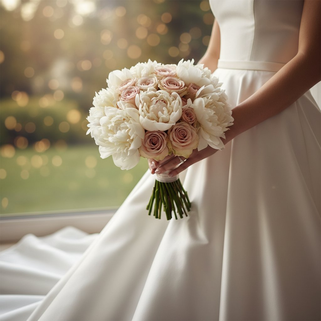 Elegant wedding bouquet with white roses and seasonal flowers arranged by Quwavu florist in London